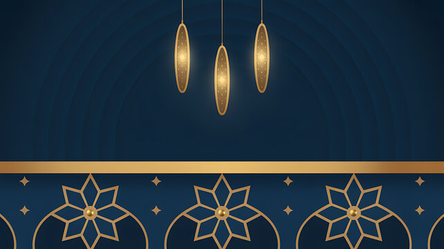 Islamic architectural background with traditional hanging lanterns and golden ornaments on blue wall