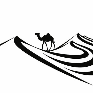 Single camel silhouette standing on sweeping desert sand dunes black and white graphic with isolated