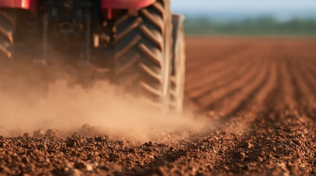 Low angle shot of tractor wheel on plowed brown field kicking up dust