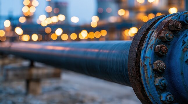Industrial pipe with rusty flange and bolts in outdoor factory area at evening