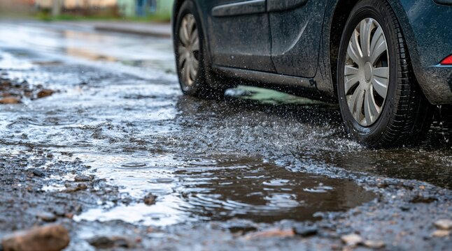 Car driving through water puddle on damaged asphalt road