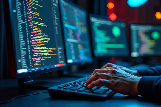 Detailed View of a Computer Screen Showcasing Vibrant Network Logs and Code, with a Concentrated Analyst Typing on a Keyboard Amidst Digital Devices and Security Tools
