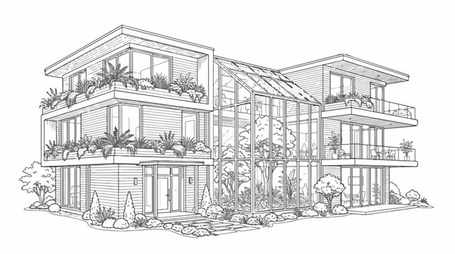 Modern house line drawing with glass atrium and balcony garden architecture