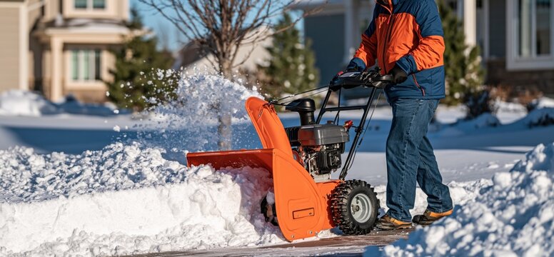 Man clearing snow with orange snow blower on residential driveway
