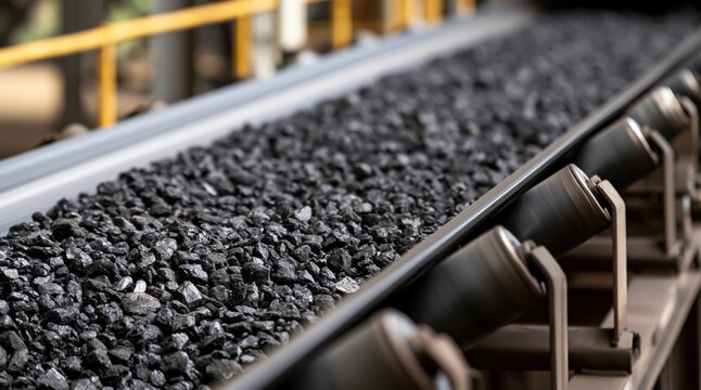 Black coal pieces on conveyor belt in industrial plant