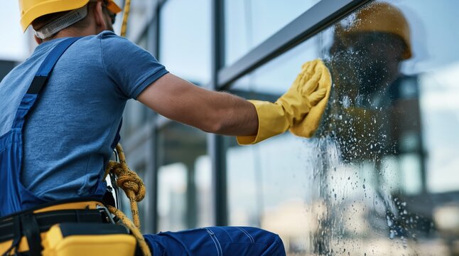 Window cleaner in uniform and safety gear cleaning glass facade of building