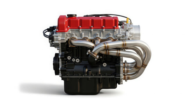 Modern high performance car engine featuring a bright red cylinder head cover and polished stainless steel exhaust manifold components isolated background