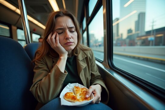 Close-Up of a Commuter Gripping the Overhead Bar, Eyes Shut in Discomfort, with a Half-Eaten Greasy Snack in Their Lap Against a Blurred Cityscape