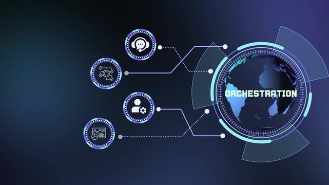 Digital orchestration and automated process management vector concept featuring global network connectivity with modern technology icons.
