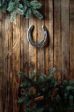 Old horseshoe and spruce branches on a wooden background.