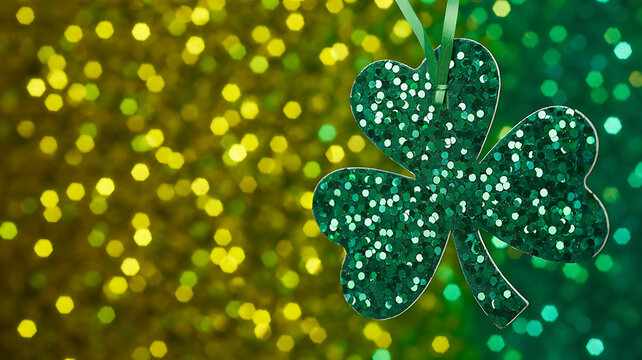 Sparkling green shamrock clover ornament against a shimmering bokeh background with shamrock