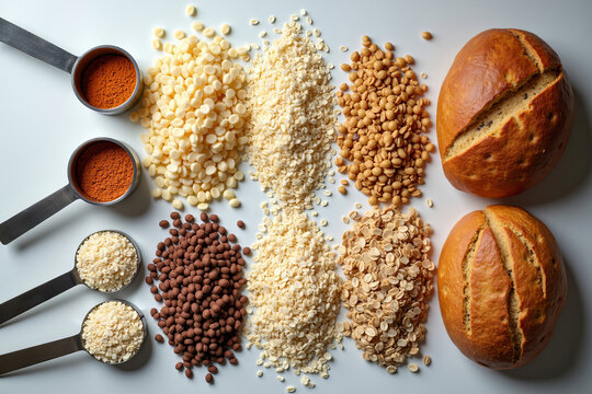 Design an Aesthetic Flat Lay Featuring Whole Grain Carbohydrates Like Quinoa, Brown Rice, Oats, and Whole Grain Bread, Pairing Them with Measuring Cups on a Stylish Kitchen Counter.