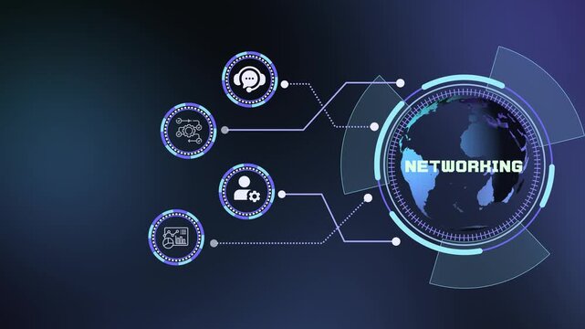 Global computer networking concept showing digital world interface with futuristic data node icons.