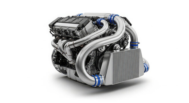 Powerful turbo engine features polished silver pipes and blue couplings isolated on a clean white background for high performance vehicles