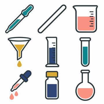 Colorful laboratory glassware and chemical equipment icons set