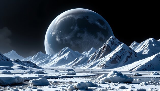 The image depicts a cold, icy landscape dominated by snow covered mountains that stretch across the scene. In the foreground, there are large chunks of ice scattered across a frozen, expansive plain