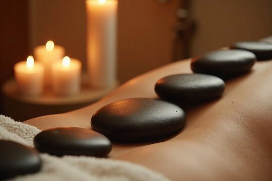 Tranquil Close-Up of a Man on a Massage Table Surrounded by Heated Stones, Candles, and Essential Oil Diffusers.