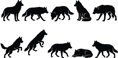 Naklejka premium Black Wolf Silhouette Vector Set with Pouncing Walking and Sitting Poses Isolated on White Background