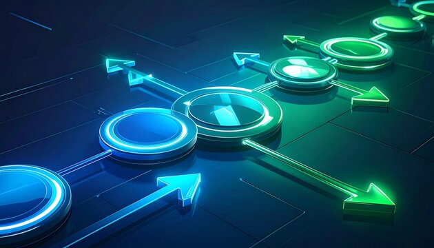 Futuristic technology flowchart, glowing connected circles and arrows, clean dark background, high-tech 3D design, no written content