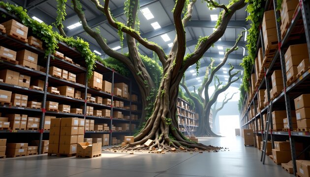 The image depicts an indoor warehouse that seamlessly integrates nature with modern storage solutions