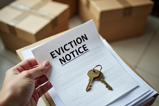 Detailed close-up of a hand gripping a wrinkled eviction notice, set against a cluttered scene of scattered cardboard boxes and a pair of aged keys resting on a pile of documents.