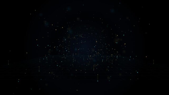 Abstract Floating Gold and Cyan Particles with Grid Plane Loop