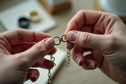 Intimate Moment: Two Hands Tenderly Separating a Necklace, Surrounded by Wedding Rings and Love Letters in a Soft Blur