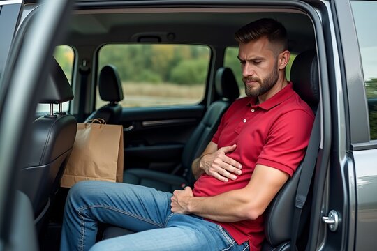 Delivery Driver in Parked Vehicle Showing Discomfort with Fast Food in Passenger Seat