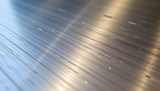The image features a close up view of a metallic surface with fine, parallel lines running lengthwise across it