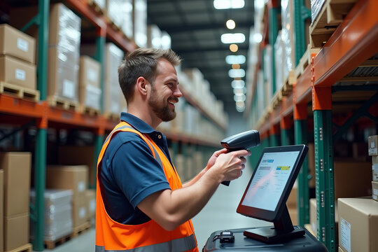 Candid Shot of a Warehouse Worker Scanning Barcodes and Engaging with a Digital Inventory System Amidst Organized Stock Shelves