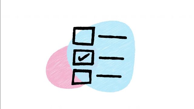 An animated hand-drawn survey checklist document with marked checkmark boxes. Great for task management, completed todo lists, survey forms, and tests.
