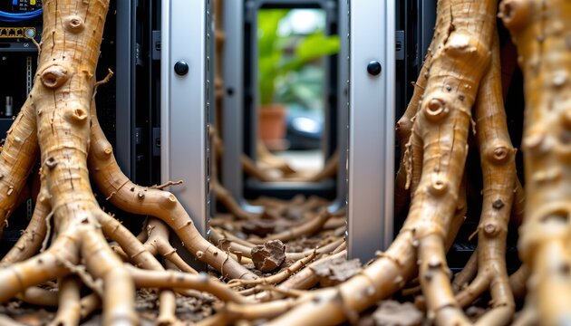 The image features intertwined tree roots growing among metal structural elements arranged in parallel, creating a pathway like scene