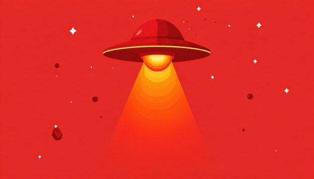 Red alien spaceship, red sky, star field, flying saucer, beam light
