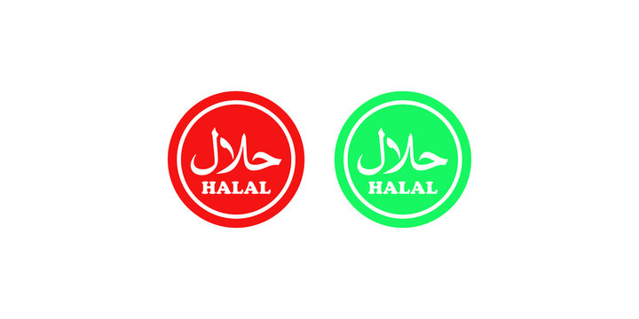 Red and green halal certification stamp icons for food labeling compliance.