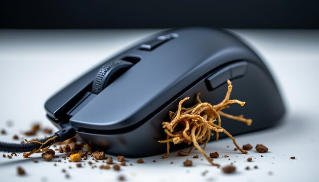 The image features a modern computer mouse placed on a flat surface with small scattered particles around it. The mouse has a sleek, ergonomic design with visible buttons and a textured scroll wheel