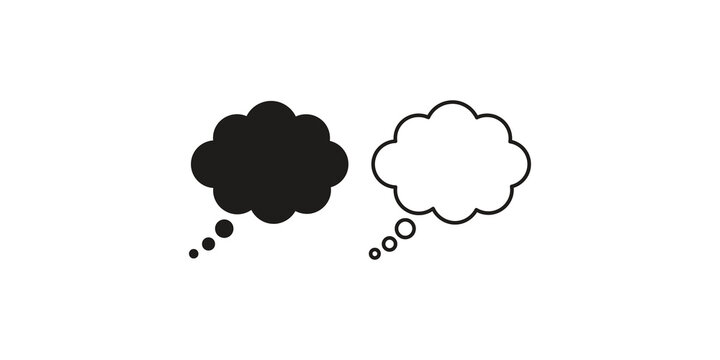 Two thought bubble icons, one filled and one outlined, represent imagination or communication concepts.