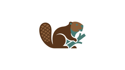 Fototapeta premium Beaver holding wood branch logo in brown teal.