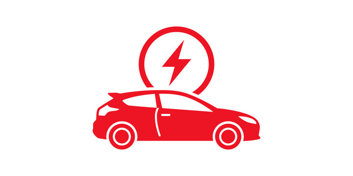 Red electric car icon with lightning bolt circle for sustainable transportation design and eco friendly mobility symbols.
