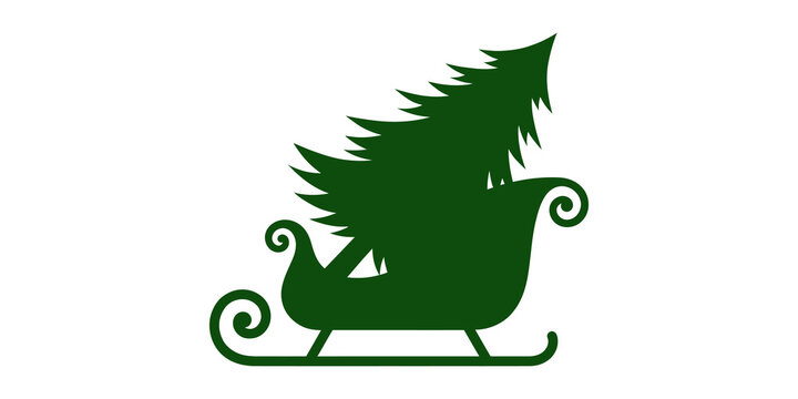 Dark green christmas sleigh silhouette carrying evergreen fir tree for festive holiday seasonal cards.