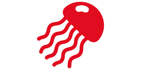 Red jellyfish icon with wavy tentacles and rounded bell shape for marine biology or ocean themes. © 扁平化图标 