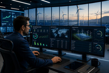 Fototapeta premium Renewable Energy Engineer Monitoring Wind Farm and Solar Power Grid Systems
