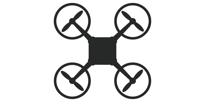 Black silhouette drone icon with four propellers symbolizing aerial technology on a transparent checkered background.