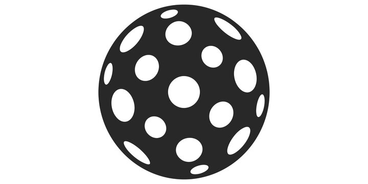 Black perforated sphere with circular holes representing a wiffle ball or floorball for sports equipment design.