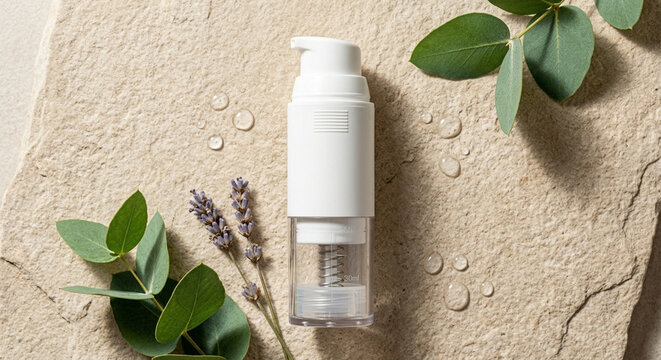 White skincare pump dispenser bottle with a clear base on a textured stone background with water droplets and botanicals.
