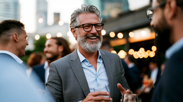 Mature businessman with beard and glasses laughing with colleagues at rooftop celebration, holding drink, evening city lights, corporate networking event.