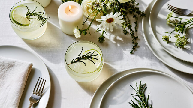 Elegant flat lay with botanical mocktails, lime, rosemary, candle flame and white florals on refined tableware, neutral space for wedding celebration event marketing design