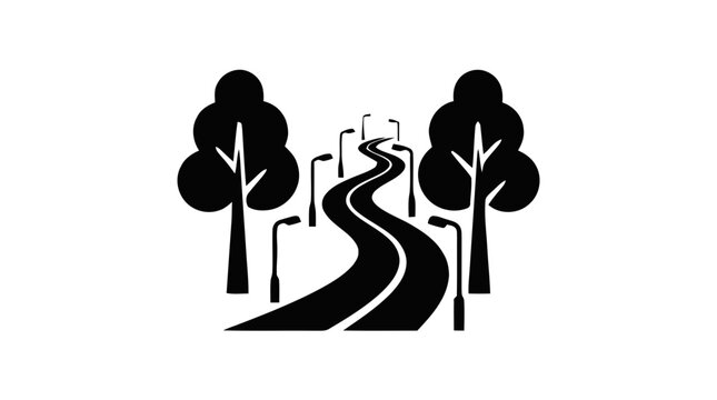 Vector illustration of winding road between trees and street lights vector icon on a transparent background