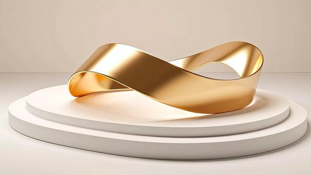 futuristic 3d render of a metallic mobius strip on minimalist showroom podium