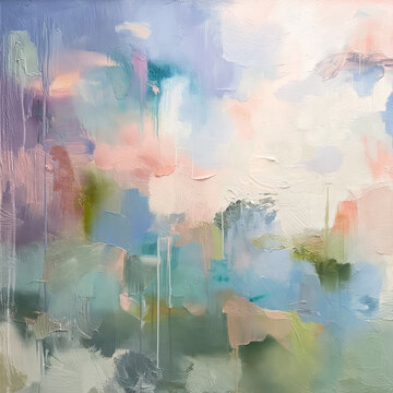 Abstract painting showing a soft color palette blend with visible texture and expressive brushstrokes, evoking a serene, atmospheric mood