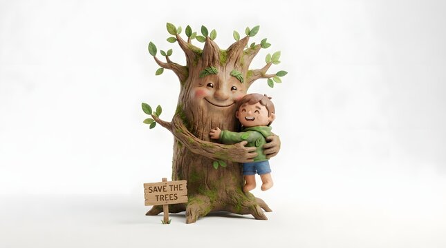 Smiling tree hugging a happy child
